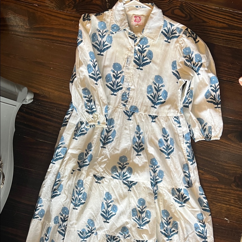 Victoria Dunn Block Print Floral Blue and White Dress